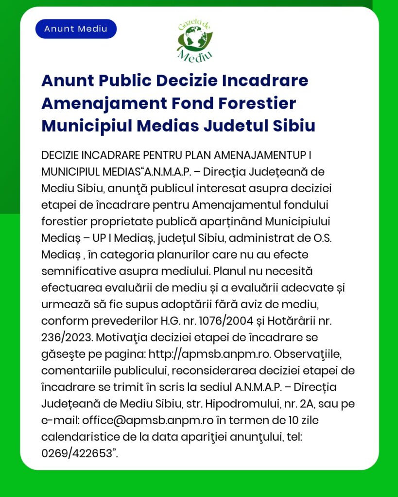 Anunt Public Decizie Incadrare Amenajament Fond Forestier Municipiul M