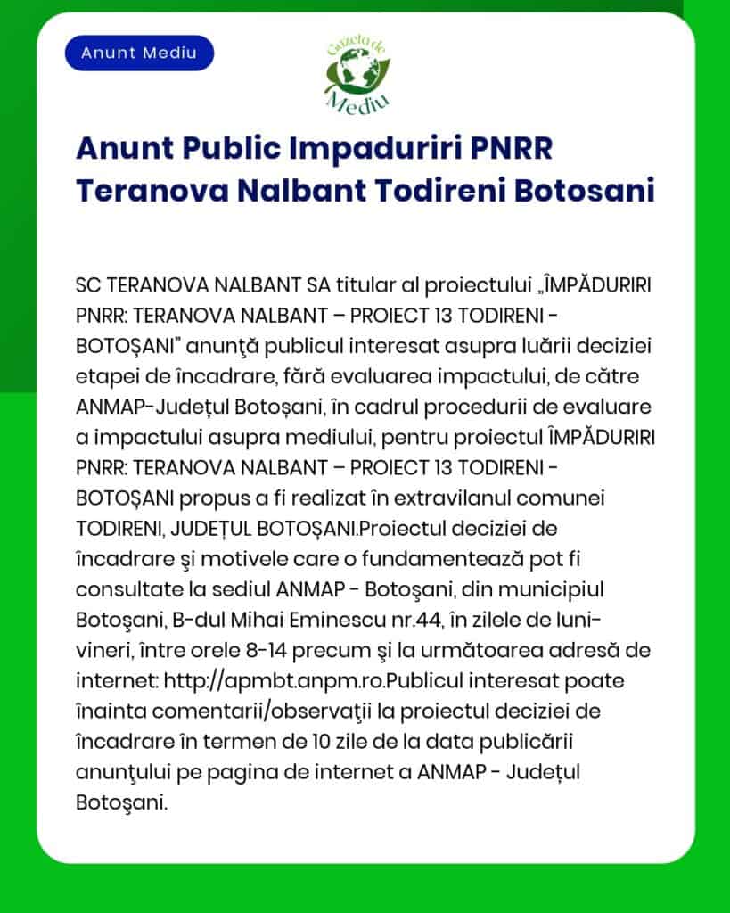 Anunt Public Impaduriri PNRR Teranova Nalbant Todireni Botosani