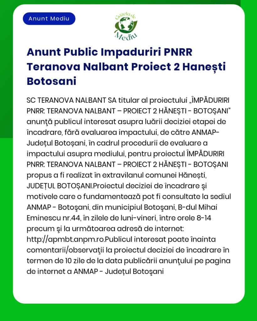 Anunt Public Impaduriri PNRR Teranova Nalbant Proiect 2 Hanești Botosa