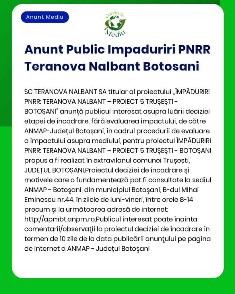 Anunt Public Impaduriri PNRR Teranova Nalbant Botosani