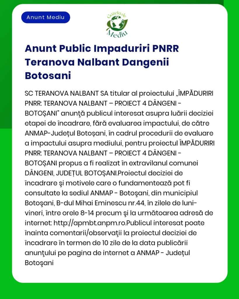 Anunt Public Impaduriri PNRR Teranova Nalbant Dangenii Botosani