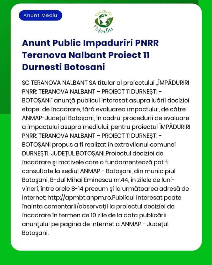 Anunt Public Impaduriri PNRR Teranova Nalbant Proiect 11 Durnesti Boto