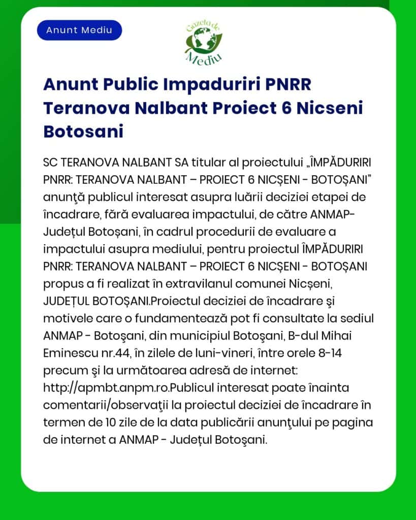 Anunt Public Impaduriri PNRR Teranova Nalbant Proiect 6 Nicseni Botosa
