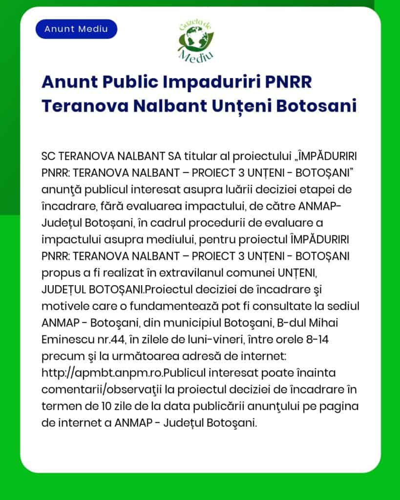 Anunt Public Impaduriri PNRR Teranova Nalbant Unțeni Botosani