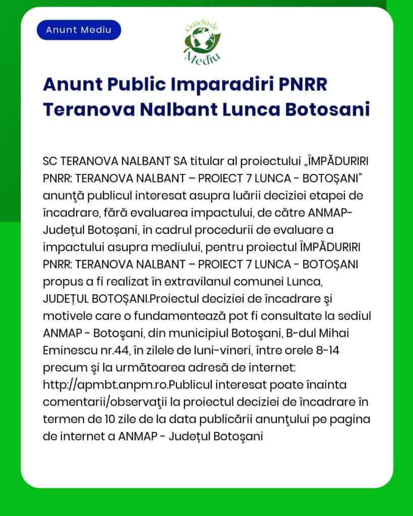 Anunt Public Imparadiri PNRR Teranova Nalbant Lunca Botosani