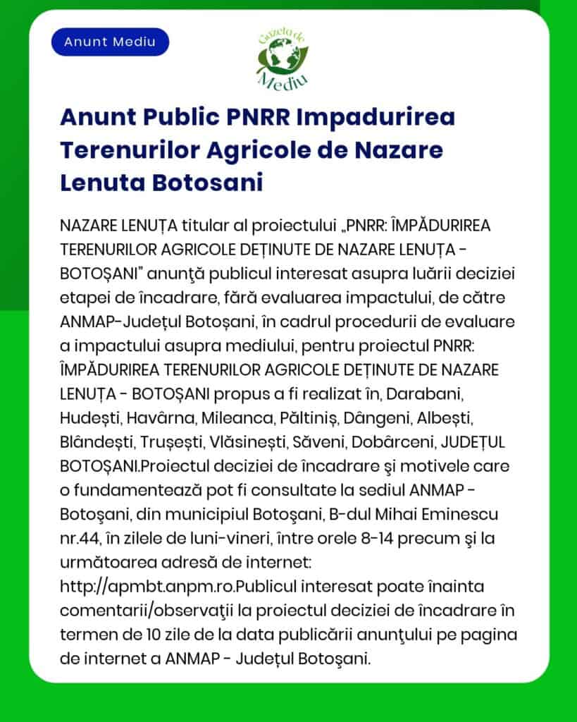 Anunt Public PNRR Impadurirea Terenurilor Agricole de Nazare Lenuta Bo