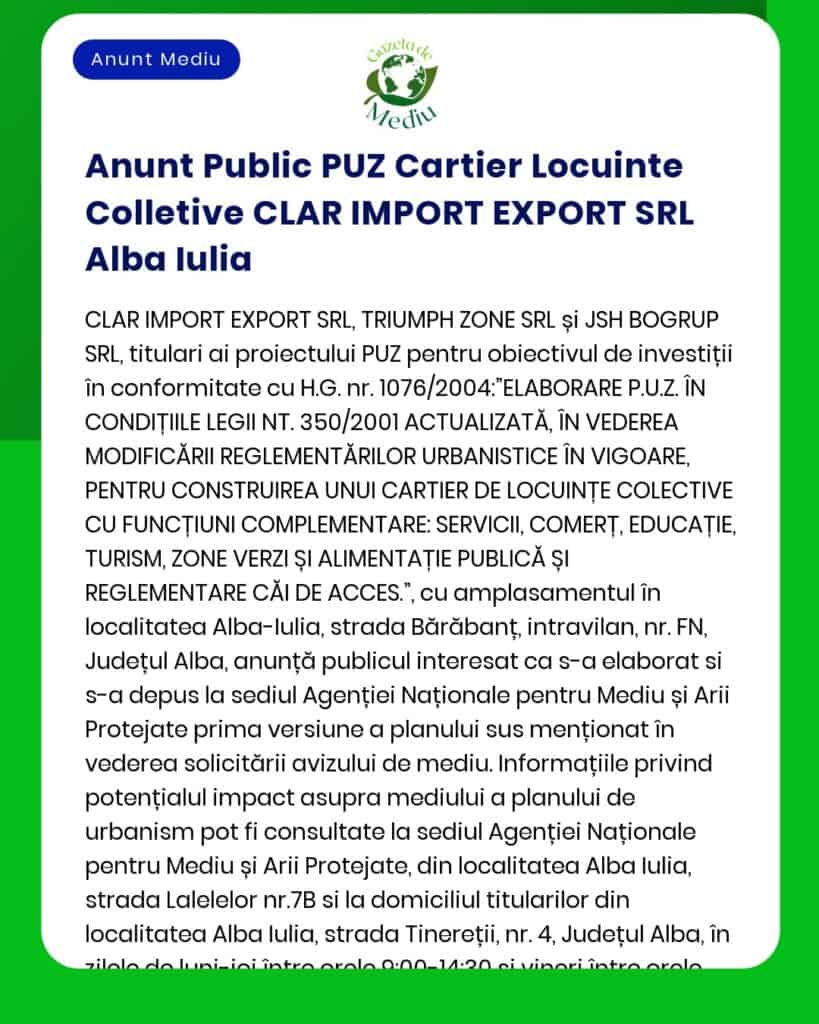 Anunt Public PUZ Cartier Locuinte Colletive CLAR IMPORT EXPORT SRL Alb