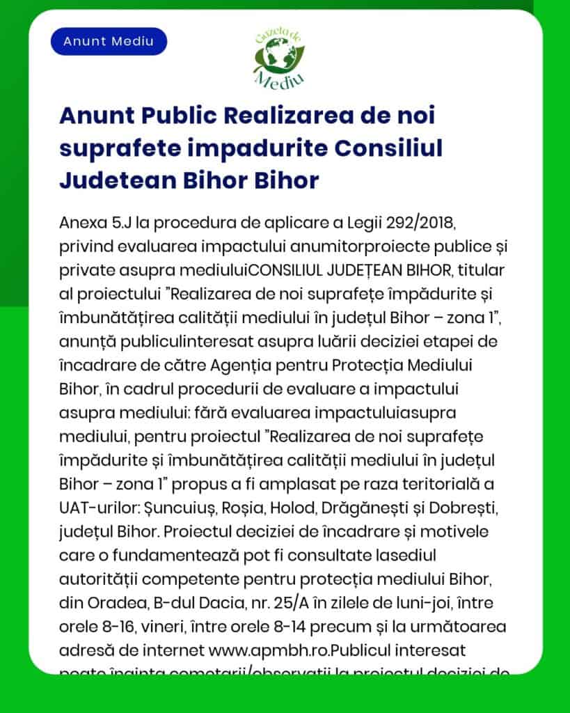 Anunt Public Realizarea de noi suprafete impadurite Consiliul Judetean