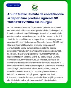 Anunt Public Unitate de conditionare si depozitare produse agricole SC