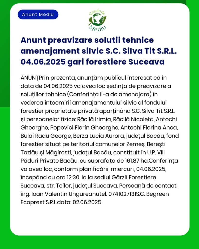 Anunt preavizare solutii tehnice amenajament silvic S.C. Silva Tit S.R