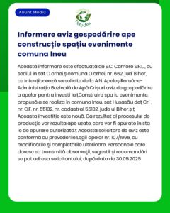APM anunță elaborarea deciziei etapei de încadrare pentru proiectul Construire spațiu evenimente a propus a fi amplasat în comuna Ineu jud Arad