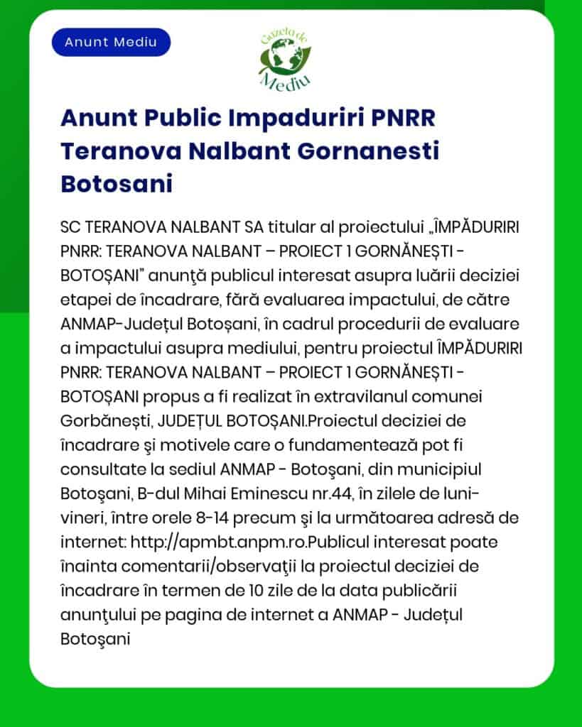 Anunt Public Impaduriri PNRR Teranova Nalbant Gornanesti Botosani