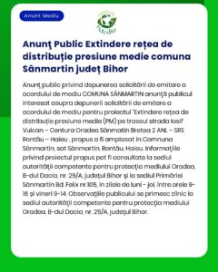 APM anunță depunerea solicitării de emitere a acordului de mediu pentru proiectul 'Extindere rețea de distribuție gaze naturale presiune medie în localitățile Sânmartin sat Sânmartin și Rontău județul Bihor' amplasat în comuna Sânmartin județul Bihor