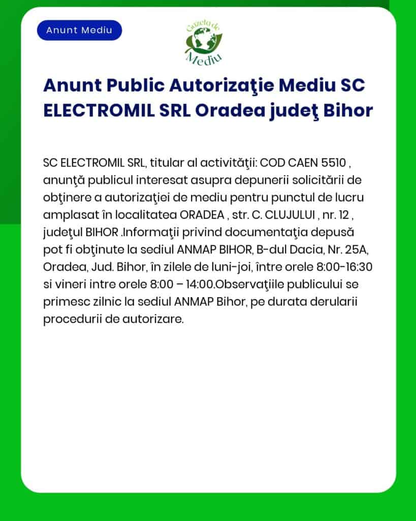 APM anunță depunerea solicitării de emitere a acordului de mediu pentru proiectul 'Construire hală producție utilaje agricole' propus a fi amplasat în municipiul Oradea str Borșului nr 48K titular SC ELECTROMIL SRL Oradea