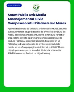 Titlul proiectului și titularul nu sunt menționate exact în textul anunțului APM anunță luarea deciziei de emitere a acordului de mediu pentru proiectul management forestier ce se va desfășura în comuna Fileanca județul Mureș