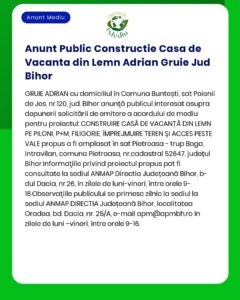 APM anunță depunerea solicitării de emitere a acordului de mediu pentru proiectul 'Construire casă de vacanță din lemn' propus a fi amplasat în comuna Buntești județul Bihor