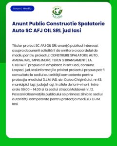 APM Iași anunță depunerea solicitării de emitere a acordului de mediu pentru proiectul 'Spălătorie auto Heci' propus a fi amplasat în sat Heci comuna Lespezi județul Iași