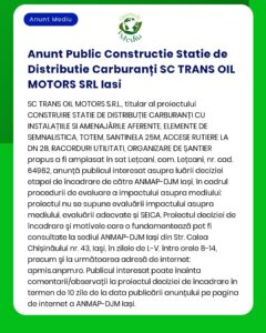 Un anunț digital cu text în limba română anunță o licitație publică pentru construirea unei stații de distribuție a carburanților în Iași de către SC TRANS OIL MOTORS SRL, inclusiv detalii despre proiect și informații despre participare.