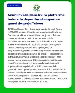 APM anunță decizia de emitere a acordului de mediu pentru proiectul 'Platformă temporară de depozitare deșeuri din beton' propus a fi amplasat în municipiul Tulcea județul Tulcea