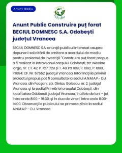APM Vrancea anunță depunerea solicitării de emitere a acordului de mediu pentru proiectul 'Foraj puț alimentare cu apă în sat Odobești comuna Odobești județul Vrancea'