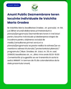 Un anunț digital în limba română cu o margine verde care detaliază dezmembrarea publică a terenului pentru locuințe individuale în Voichița Maria, Oradea, inclusiv instrucțiuni pentru consultarea publică și informații de contact.