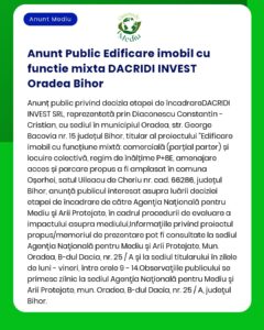Emiterea acordului de mediu pentru proiectul 'Construire imobil cu funcțiuni mixte' propus a fi amplasat în municipiul Oradea str Bacovia nr 2A județul Bihor titular Dacridi Invest SRL