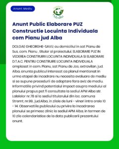 APM anunță decizia de emitere a acordului de mediu pentru proiectul propus în Pianu de Sus și Pianu de Jos județul Alba