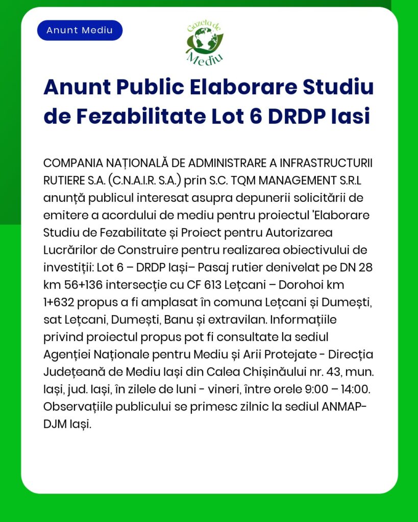 Studiu de fezabilitate 'Drum de legătură între DJ 248 D CA Rosetti și DN 28 zona Aeroport' în municipiul Iași județul Iași lucrările propuse vizează realizarea unui drum nou cu pasaj peste calea ferată pasaj subteran rutier și piste pentru biciclete pe terenuri situate în extravilanul și intravilanul municipiului Iași