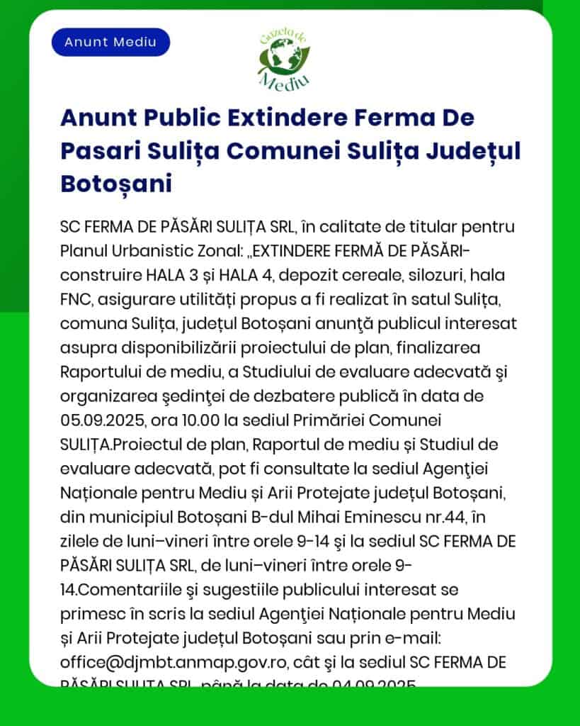 Extindere capacitate fermă păsări Sulița comuna Sulița județul Botoșani