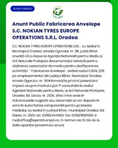 SC Nokian Tyres Europe Operations SRL anunță depunerea documentației pentru obținerea acordului de mediu pentru proiectul 'Fabrică de Anvelope Oradea' propus a fi amplasat în municipiul Oradea județul Bihor