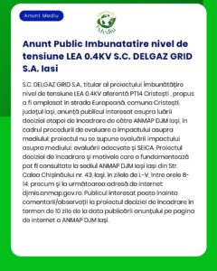 Proiectul 'Modernizare LEA JT trecere de la 04 kV la 20 kV tronson PTA 1 Gâldău - PTA 2 Gâldău comuna Jegălia județul Călărași' titular DELGAZ GRID SA Iași