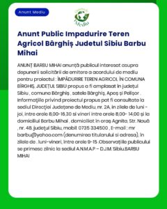 APM Sibiu anunță depunerea solicitării de emitere a acordului de mediu pentru proiectul 'Reîmpădurire teren forestier în județul Sibiu'