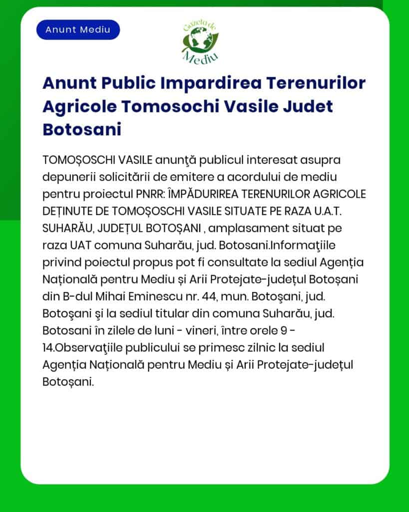 Titlul proiectului și titularul nu sunt menționate exact în textul anunțului Anunț privind distribuirea terenului agricol către Tomoșchi Vasile în Suharău județul Botoșani cu detalii despre amplasament