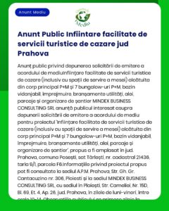 APM anunță depunerea solicitării de emitere a acordului de mediu pentru proiectul 'ÎNFIINȚARE SERVICIU DE CAZARE PUBLICĂ ÎN JUDEȚUL PRAHOVA' titular nu este menționat propus a fi amplasat în județul Prahova conform Legii nr 292/2018 privind evaluarea impactului anumitor proiecte publice și private asupra mediului