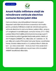 APM Alba anunță depunerea solicitării de emitere a acordului de mediu pentru proiectul 'Instalare stații de reîncărcare pentru vehicule electrice în comuna Horea județul Alba'