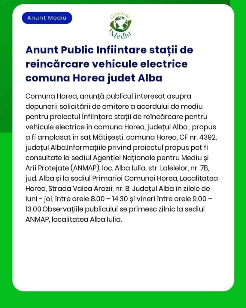 APM Alba anunță depunerea solicitării de emitere a acordului de mediu pentru proiectul 'Instalare stații de reîncărcare pentru vehicule electrice în comuna Horea județul Alba'