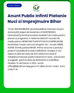 APM anunță decizia etapei de încadrare privind proiectul 'Cultivare nuc și platan' propus a fi amplasat în județul Bihor