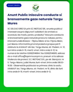La APM Mureș s-a depus documentația tehnică pentru proiectul 'Înlocuire conducte și branșamente gaze naturale strada 8 Martie strada Salcâmilor strada Rozmarinului' propus a fi amplasat în municipiul Târgu Mureș