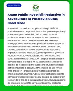 Proiectul 'Investiție productivă la păstrăvăria Cutus Dorel' titular Cutus Dorel