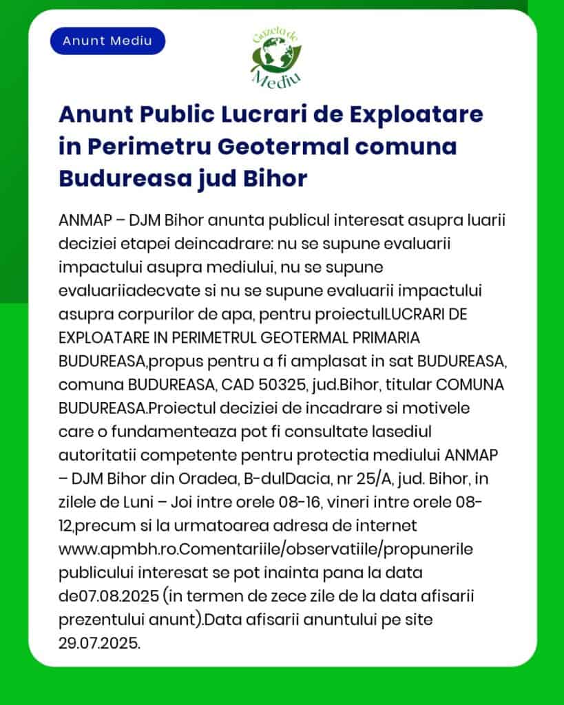 APM anunță decizia etapei de încadrare pentru proiectul 'Lucrări de exploatare geotermală în Budureasa județul Bihor'
