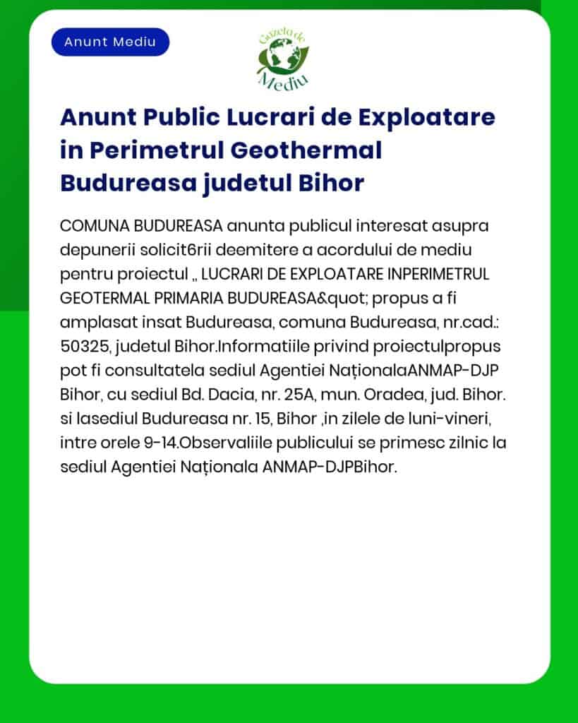 Lucrări de exploatare geotermală în perimetrul Budureasa județul Bihor