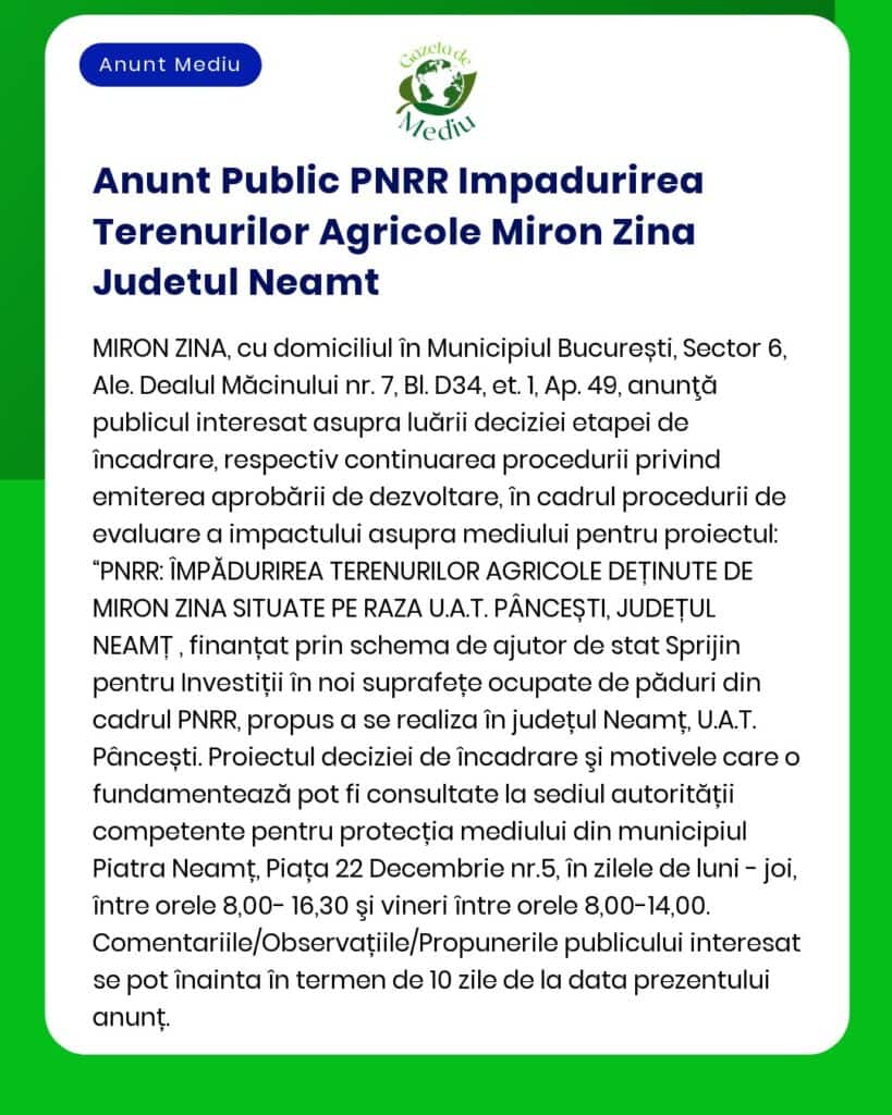 APM anunță solicitarea acordului de mediu pentru proiectul 'Construire fermă vegetală' propus a fi amplasat în județul Neamț sat X comuna Y titular Popescu Ion