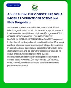APM anunță decizia etapei de încadrare pentru proiectul 'Construire două locuințe colective' propus a fi amplasat în orașul Bragadiru județul Ilfov