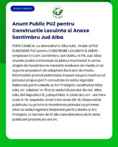 APM Alba anunță decizia etapei de încadrare a planului PUZ - construire locuințe și anexe comuna Șanțimbru județul Alba