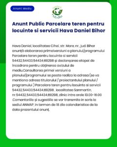 APM anunță decizia de emitere a acordului de mediu pentru proiectul 'Parcelare teren în vederea realizării drumurilor și utilităților Hava Daniel intravilan parcela CF nr 62432 nr cadastral 62432' propus a fi amplasat în municipiul Oradea str Apateului fn județul Bihor