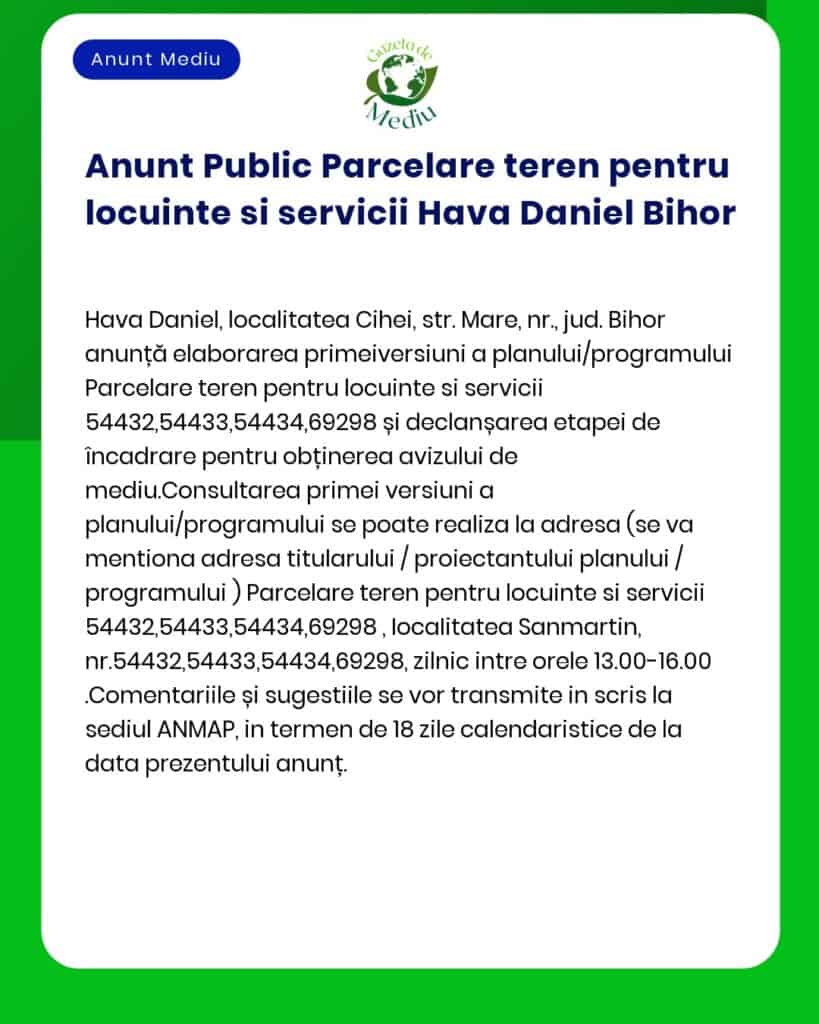 APM anunță decizia de emitere a acordului de mediu pentru proiectul 'Parcelare teren în vederea realizării drumurilor și utilităților Hava Daniel intravilan parcela CF nr 62432 nr cadastral 62432' propus a fi amplasat în municipiul Oradea str Apateului fn județul Bihor