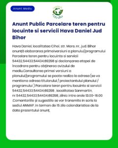 În cadrul procedurii de evaluare a impactului asupra mediului pentru proiectul 'Parcelare teren și construire locuințe individuale și servicii' propus a fi amplasat în județul Bihor s-au identificat parcelele nr 12345 și 67890