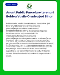 APM anunță depunerea solicitării de emitere a acordului de mediu pentru proiectul 'Parcelare teren' propus a fi amplasat în Oradea județul Bihor