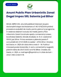 APM anunță organizarea ședinței publice pentru evaluarea impactului asupra mediului pentru proiectul 'Plan de dezvoltare comercială și servicii' în municipiul Salonta județul Bihor în data de 07072025