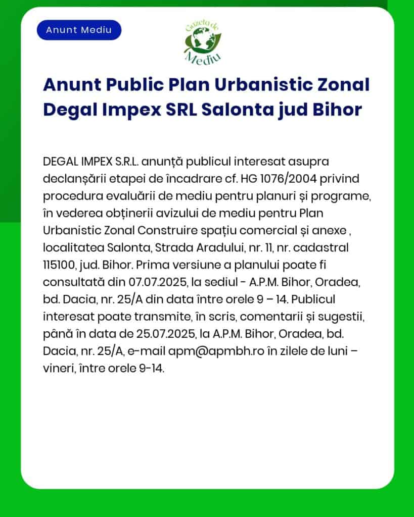 APM anunță organizarea ședinței publice pentru evaluarea impactului asupra mediului pentru proiectul 'Plan de dezvoltare comercială și servicii' în municipiul Salonta județul Bihor în data de 07072025